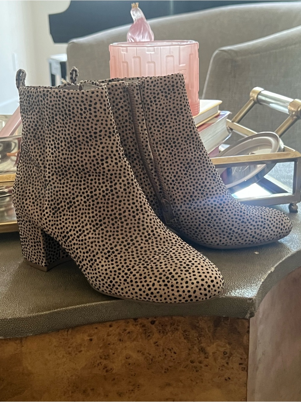 Gianni Bini Taupe Ankle Boots with Black Spot Print